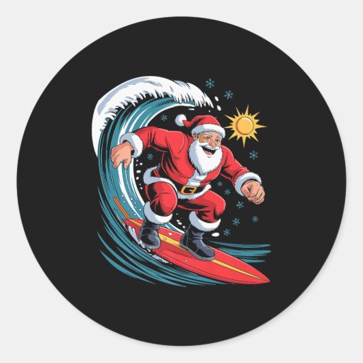 Santa Surfing Funny Surfer Holiday Christmas Xmas  Ronde Sticker (Voorkant)