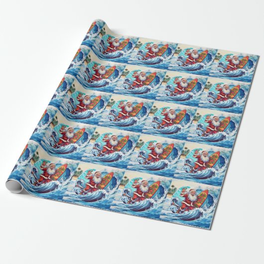 Santa surfing on big wave cadeaupapier (Uitgerold)