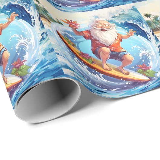 Santa surfing on big wave cadeaupapier (Rol Hoek)