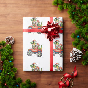 Santa T Rex Dinosaur Monster Truck Kerstmis Cadeaupapier