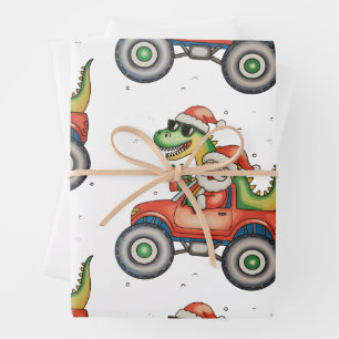 Santa T Rex Dinosaur Monster Truck Kerstmis Inpakpapier Vel