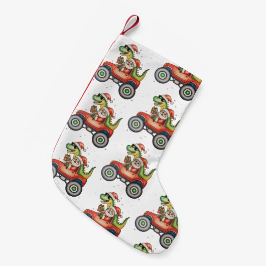 Santa T Rex Dinosaur Monster Truck Kerstmis Kleine Kerstsok (Voorkant (Hangend))