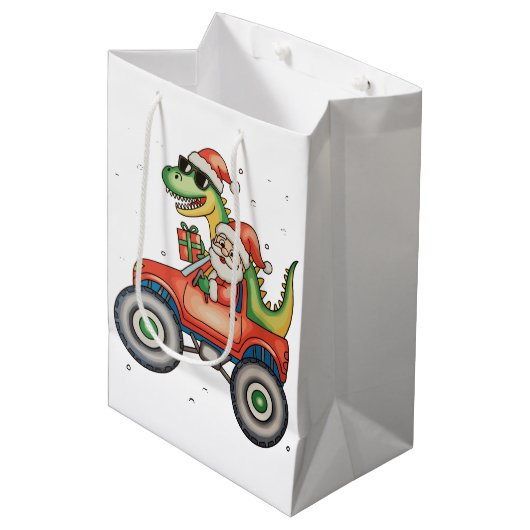 Santa T Rex Dinosaur Monster Truck Kerstmis Medium Cadeauzakje (Voorkant Gekanteld)