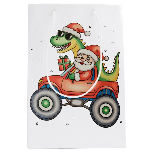 Santa T Rex Dinosaur Monster Truck Kerstmis Medium Cadeauzakje (Voorkant)