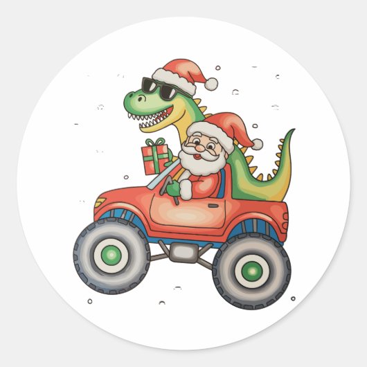 Santa T Rex Dinosaur Monster Truck Kerstmis Ronde Sticker (Voorkant)