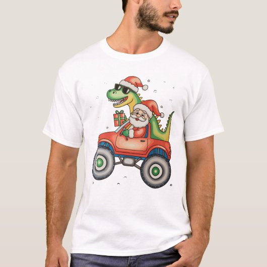 Santa T Rex Dinosaur Monster Truck Kerstmis T-shirt (Voorkant)