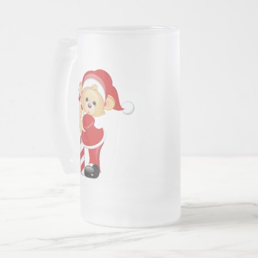 Santa Teddy Bear en Candycane Matglas Bierpul (Voorkant links)