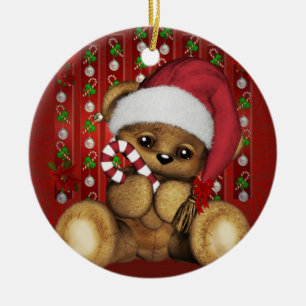 Santa Teddy Bear met snoepriet Keramisch Ornament
