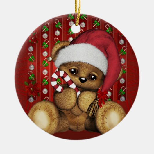 Santa Teddy Bear met snoepriet Keramisch Ornament (Voorkant)