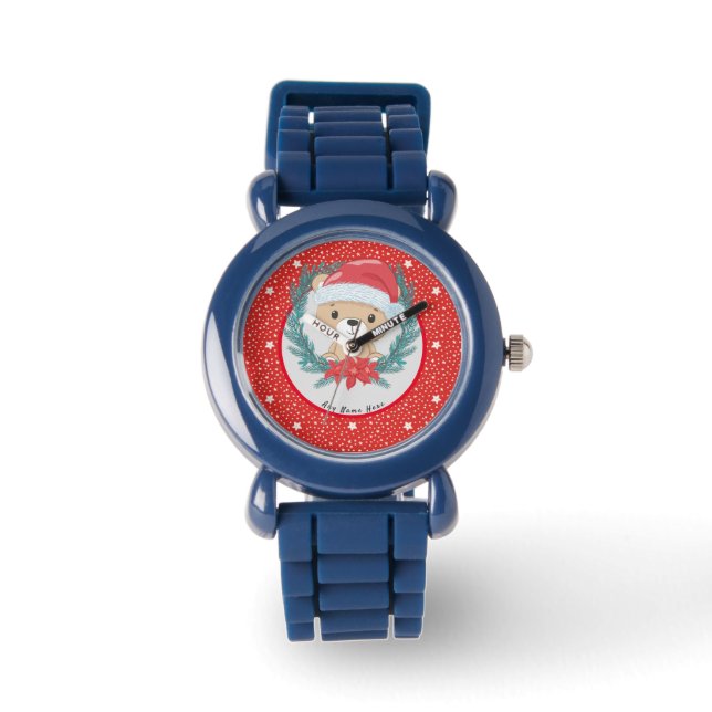 Santa Teddy Rode en witte sterren Vrolijk Kerstfee Horloge (Voorkant)