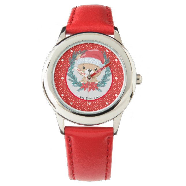 Santa Teddy Rode en witte sterren Vrolijk Kerstfee Horloge (Voorkant)