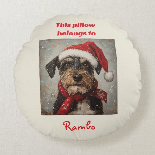 Santa Terrier, cadeau voor hondenliefhebber of hon Rond Kussen (Voorkant)