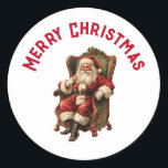 Santa Traditional Christmas Ronde Sticker<br><div class="desc">Stickers met een afbeelding in  stijl met een klassieke Sinterklaas die in een ouderwetse armstoel zit. Heerlijk traditioneel kerstontwerp.</div>