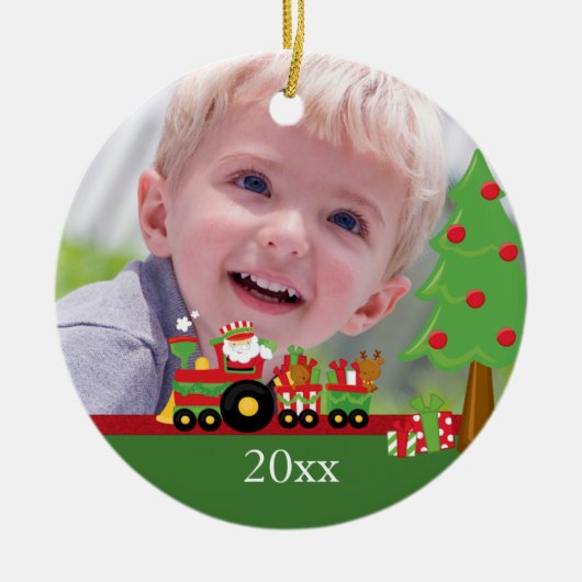 Santa train gepersonaliseerde kerstfotoversiering keramisch ornament (Voorkant)