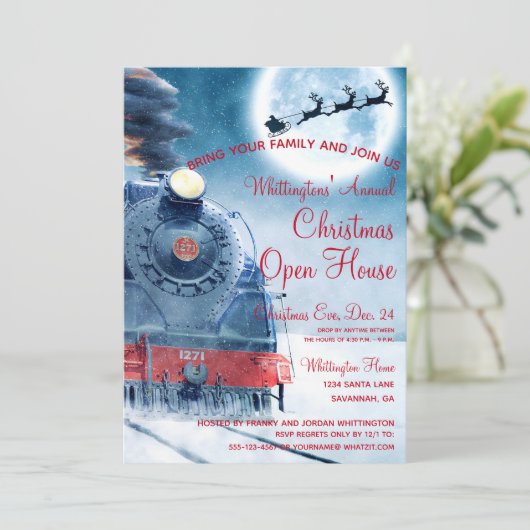 Santa, Train Red, uitnodiging voor kerstmis (Staand voorkant)