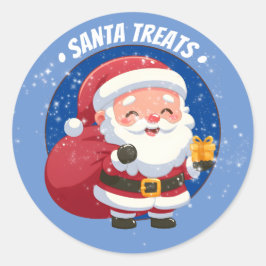 Santa trakteert Santa met cadeau op blauwe sneeuw Ronde Sticker