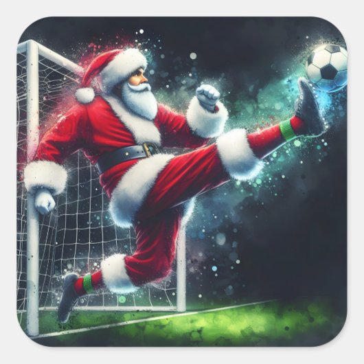 Santa trapt een Voetbal in een feestelijke sfeer Vierkante Sticker (Voorkant)