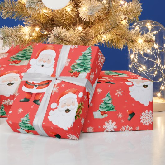 Santa Trees Sneeuwvlokken Rode Kerstmis Cadeaupapier (Feestdagen)