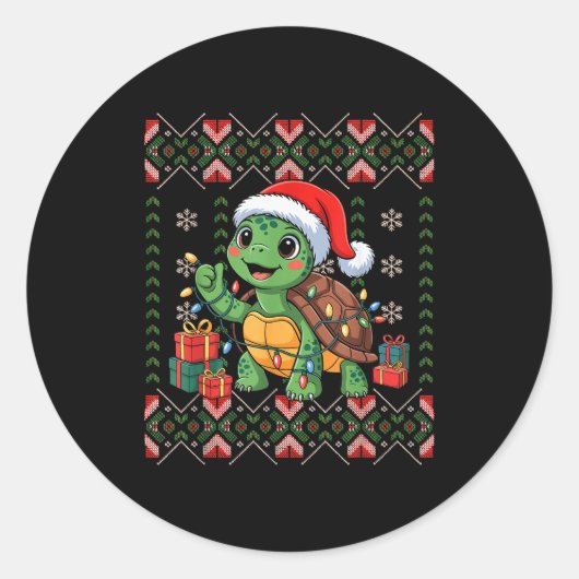 Santa Turtle Christmas Ugly Sweater Funny Holiday Ronde Sticker (Voorkant)