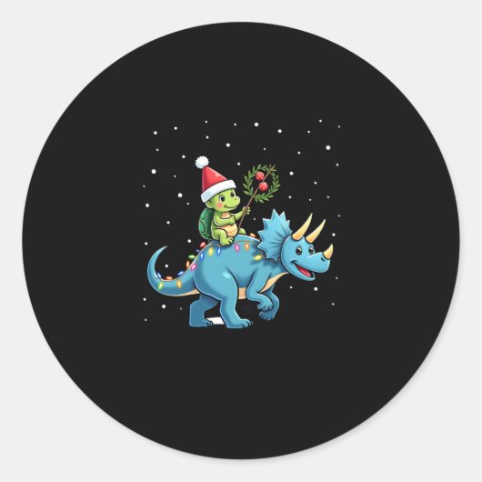 Santa Turtle Riding T-Rex Reindeer Christmas Light Ronde Sticker (Voorkant)