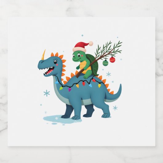 Santa Turtle Riding T-Rex Reindeer Christmas Light Sparkling Wijnetiket (Enkel label)