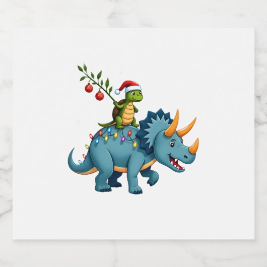 Santa Turtle Riding T-Rex Reindeer Christmas Light Sparkling Wijnetiket (Enkel label)