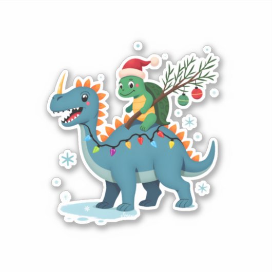 Santa Turtle Riding T-Rex Reindeer Christmas Light Sticker (Voorkant)