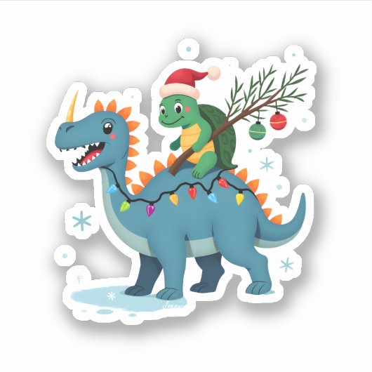 Santa Turtle Riding T-Rex Reindeer Christmas Light Sticker (Voorkant)