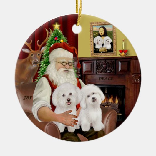 Santa - Twee Bichon Frise Keramisch Ornament (Voorkant)