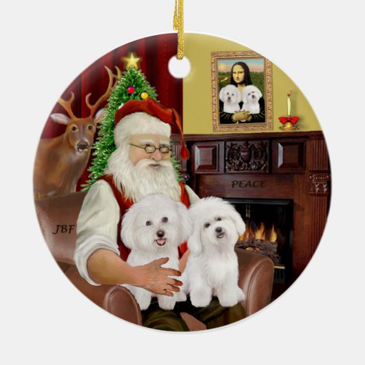 Santa - Twee Bichon Frise Keramisch Ornament (Achterkant)