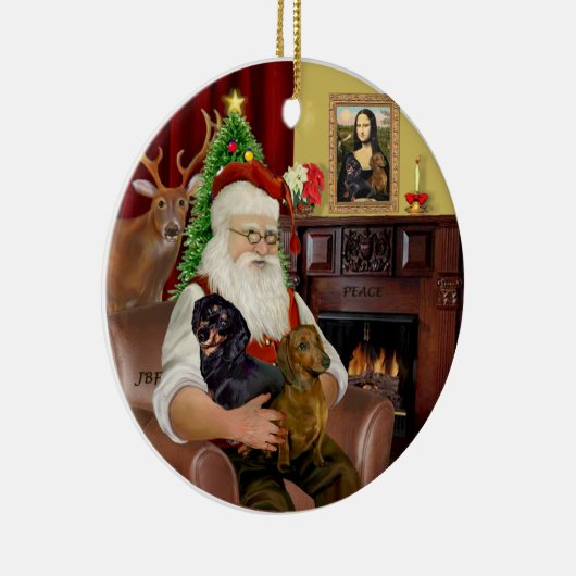 Santa-Two Teckels (BT+rood) Keramisch Ornament (Rechts)