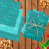 Santa Typografie Blauwgroen Blauwe Kinder naam Ker Inpakpapier Vel