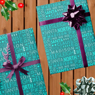 Santa Typografie Blauwgroen Blue Cute Add Childs N Cadeaupapier