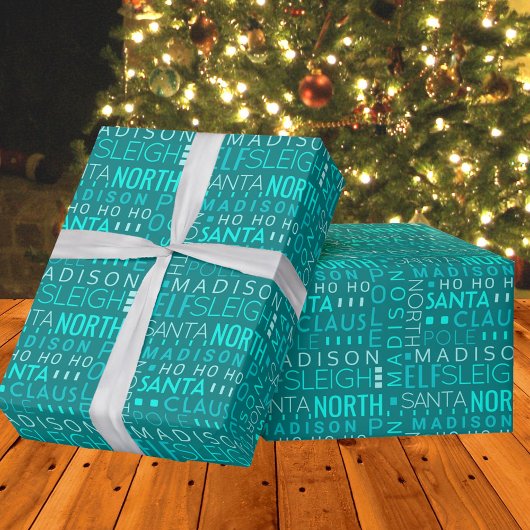 Santa Typografie Blauwgroen Blue Cute Add Childs N Cadeaupapier