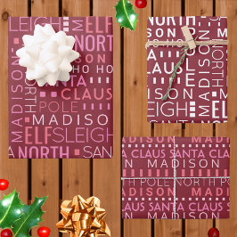 Santa Typografie Burgundy Red Kinder naam Kerstmis Inpakpapier Vel