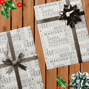 Santa Typografie Chic Grey Cute Add Childs Name Cadeaupapier
