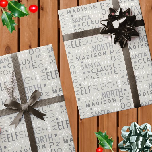 Santa Typografie Chic Grey Cute Add Childs Name Cadeaupapier