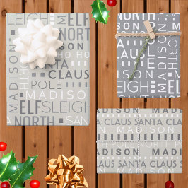 Santa Typografie Chic Grey Kinder Name Kerstmis Inpakpapier Vel