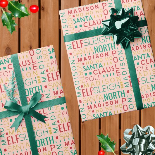 Santa Typografie Red Green Cute voegt kindernaam t Cadeaupapier