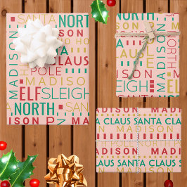 Santa Typografie Red Green Kinder Name Kerstmis Inpakpapier Vel