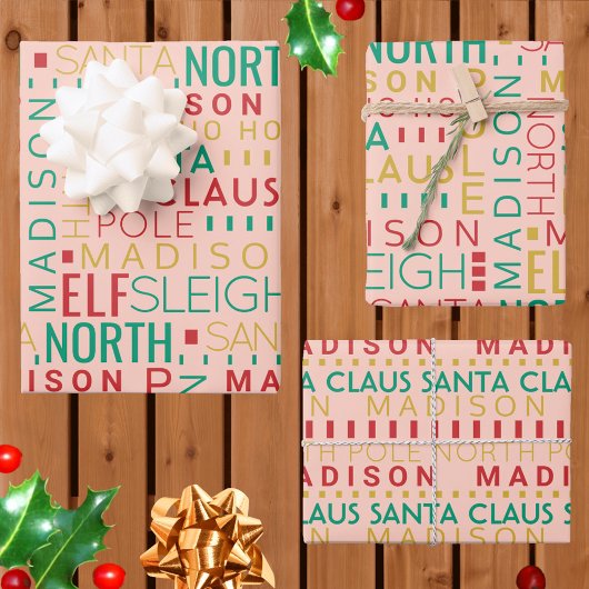 Santa Typografie Red Green Kinder Name Kerstmis Inpakpapier Vel