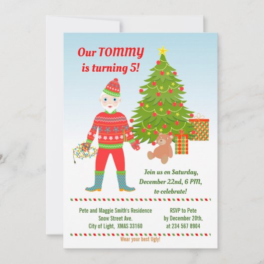 Santa Ugly Sweater Birthday Party Invitation Kaart (Voorkant)