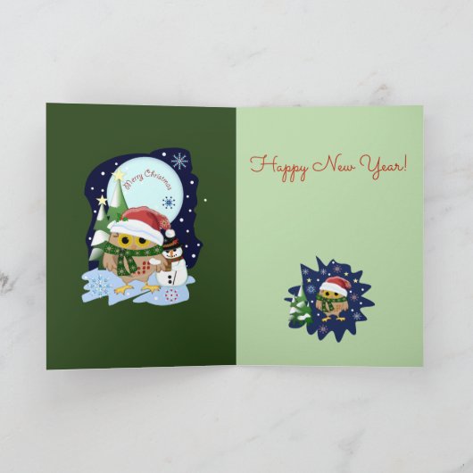 Santa Uil en zijn sneeuwpop vriend, aangepaste tek Feestdagen Kaart (Binnen)