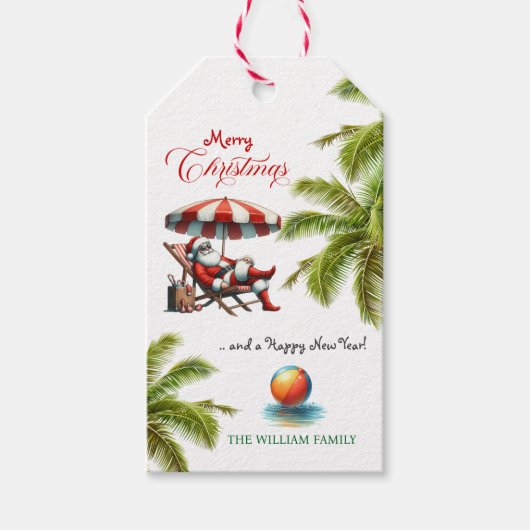 Santa under a Beach Umbrella Christmas Cadeaulabel (Voorkant)