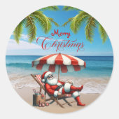 Santa under a Beach Umbrella Christmas Ronde Sticker (Voorkant)