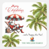 Santa under a Beach Umbrella Christmas Vierkante Sticker (Voorkant)