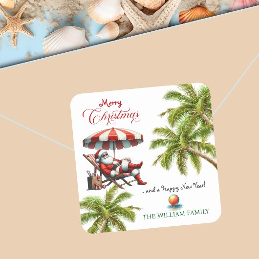 Santa under a Beach Umbrella Christmas Vierkante Sticker