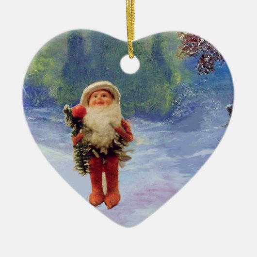 SANTA VAN DE GNOMEN MET RODE RUBY HEART KERAMISCH ORNAMENT (Voorkant)