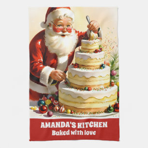 Santa versiert een taart gepersonaliseerde kerst theedoek