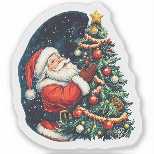 Santa verspreidt vreugde bij de kerstboom sticker (Voorkant)